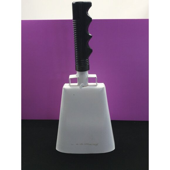 Noise Maker Cow Bell White Metal Bell Black Plastic Handle 10” Tall - Picture 4 of 13